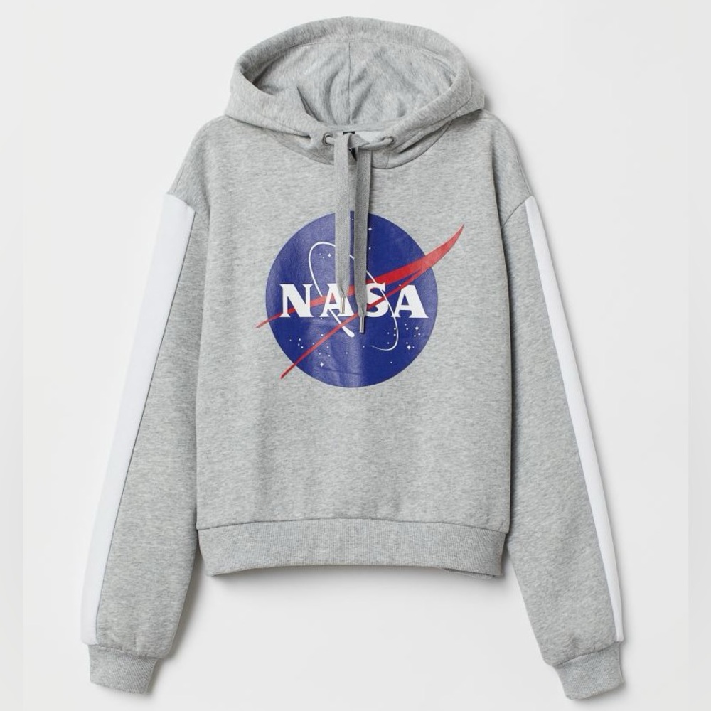 H&M Divided Gray Grey White NASA Hooded Sweatshirt Cropped Top Athletic Hoodie